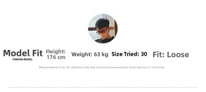 Size chart showing model parameters 176cm 63kg wearing size 30 for loose fit denim shorts