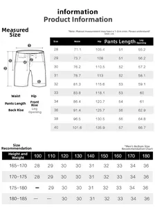Detailed size chart for men washed denim shorts with measurements in centimeters