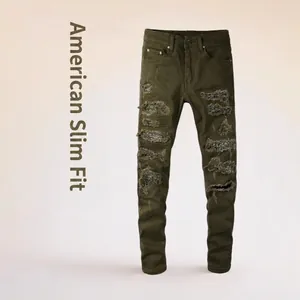 Jeans Strappati Slim Fit da Uomo Verde Militare Streetwear con Toppe Paisley Pantaloni in Denim American High Street in Cotone