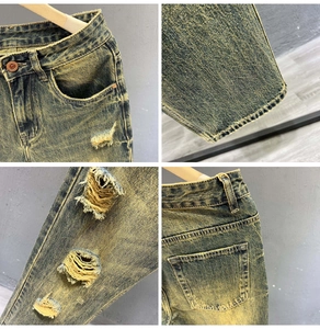 Detailed views of acid-washed denim jeans featuring distressed holes and cat-whisker fading