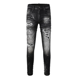 Men's Ripped Denim Jeans American High Street Splatter Graffiti Distressed Patched Slim Fit Stretch Casual Washed Pants