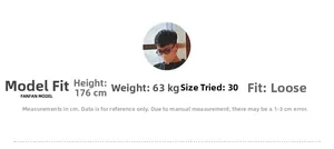 Detailed size guide table for loose fit vintage graffiti denim shorts with model stats