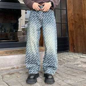 Herren Retro Streetwear Hellblau Gewaschene Baumwolle Denim Jeans All-over Buchstabendruck Lockere Passform Weite Gerade Hose