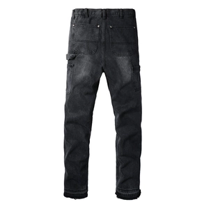 Rear view of dark grey washed denim cargo pants showing hammer loop and back pockets