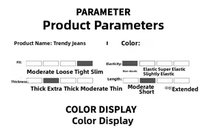 Size chart showing loose fit and moderate thickness for trendy washed cotton denim shorts