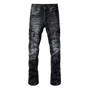 Men's retro streetwear flare jeans in dark grey acid wash with utility cargo pockets
