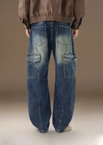 Detailed back view of vintage wash blue cargo jeans with large flap pockets
