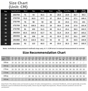 Detailed size guide table with measurements and recommendations for men's denim jeans