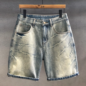 Men's Light Blue Washed Cotton Denim Shorts Vintage Distressed Whiskers Five Pocket Mid Waist Casual Refined Cuffed Denim Shorts