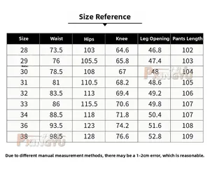 Detailed size chart for men's slim fit jeans showing waist, hip, and length measurements
