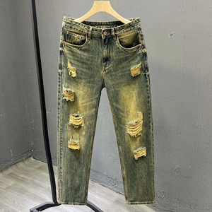 Men Vintage Ripped Jeans Distressed Sulfur Wash Denim Pants Straight Leg Retro Streetwear Casual Cotton Trousers