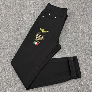 Men Retro Slim Fit Washed Distressed Jeans Embroidered Eagle Logo Casual Denim Pants Cotton Mid Waist Fashion Trousers