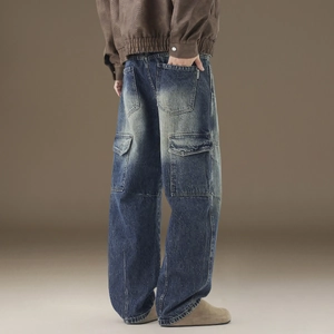 Men's Vintage Retro Blue Washed Cotton Jeans Straight Leg Cargo Pants With Multi Pockets Distressed Denim Casual Trousers