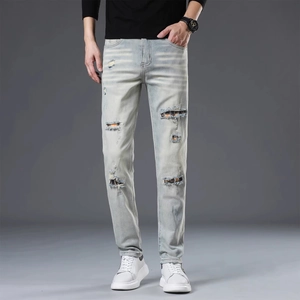 Men Vintage Ripped Jeans Slim Fit Light Blue Cotton Blend Distressed Denim Pants Plaid Patchwork Streetwear Casual Pants