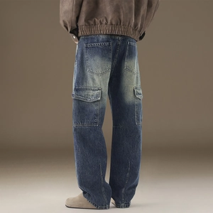 Men's vintage dark blue ripped cargo jeans with multi-pocket design and washed denim finish