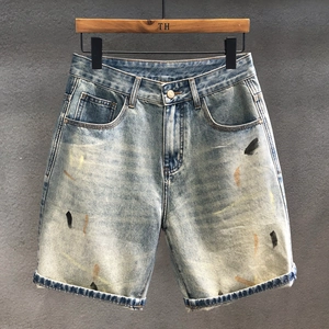 Men's Vintage Graffiti Water Washed Denim Shorts Relaxed Straight Fit Cotton Casual Five Point Half Pants For Men