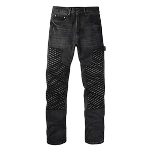 Men's vintage washed black straight-leg jeans with silver rhinestone star patterns