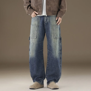Men's vintage wash light blue ripped jeans with cargo pockets and slim fit design