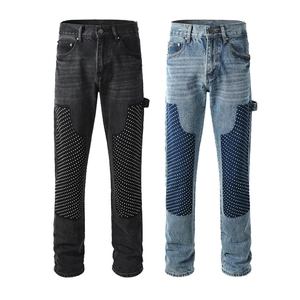 Men's retro straight carpenter jeans with rhinestone patches and silver stud details