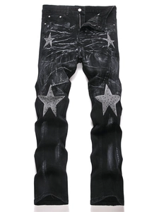 High Street Herren Stern Patch Strass Waschen Denim Jeans Locker Weites Bein Retro Distressed Streetwear Baumwollhose Schwarz
