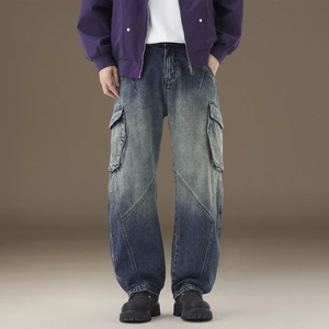 Men Vintage Blue Distressed Cargo Jeans Heavy Denim Loose Fit Multi Pockets Work Pants Streetwear Cotton Denim Trousers