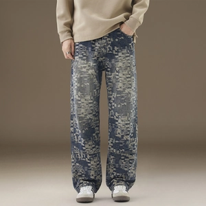 Men Retro Jacquard Straight Leg Jeans Pixel Pattern Washed Distressed Denim Pants Streetwear Fashion Light Blue Trousers