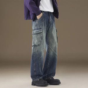 Men's retro light wash cargo jeans in a loose fit with vintage distressed textures