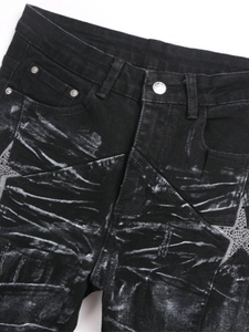 Herren Wide-Leg Jeans in Schwarz mit Vintage-Waschung und Stern-Patchwork mit Strass
