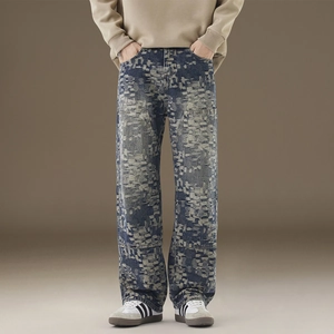 Men's slim stretch jeans featuring unique pixelated mosaic wash and retro streetwear design