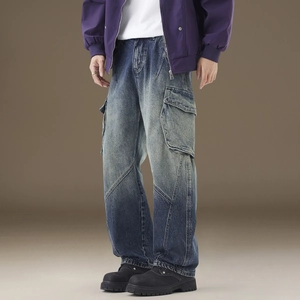 Slim fit men's distressed blue jeans with vintage wash and tactical side pockets