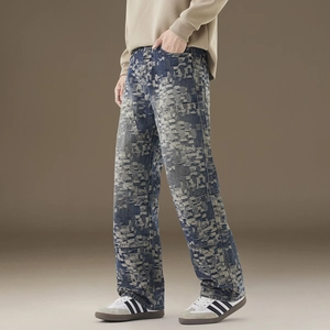 Men's relaxed straight-fit jeans featuring dark blue pixelated jacquard denim texture
