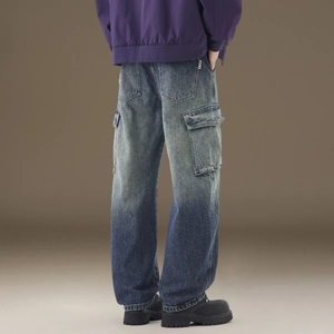 Slim fit retro washed blue distressed jeans for men with functional cargo side pockets