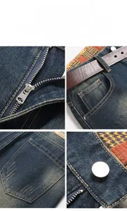 Detailed view of the checked fabric lining and sturdy metal zipper on denim jeans
