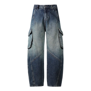 Slim fit light wash distressed jeans with vintage faded finish and tactical cargo pockets