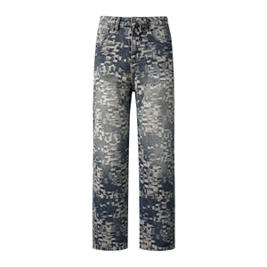 Men's slim stretch jeans featuring vintage light blue pixelated damier camo pattern