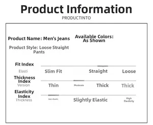 Detailed size and material chart for men's loose straight leg distressed jeans