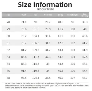 Detailed size chart with measurements for vintage straight leg distressed denim jeans for men