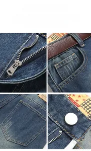 Detailed views of blue jeans showing zipper, metal button, pockets, and stitching details