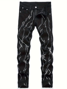 Jean en Denim Coupe Ajustée Noir pour Homme Avec Broderie Éclair Blanche Streetwear Pantalon Long Lavé Taille Moyenne