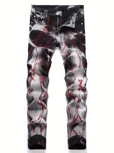 Jean Slim Fit pour Hommes Broderie Éclair Denim Coton Extensible Délavage Acide Imprimé Fumée Pantalon Mode Streetwear