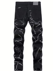 Jean slim noir pour homme avec imprimé éclair blanc et poches arrière classiques