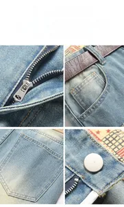 Detailed views of light blue washed denim with vintage zipper, belt loop and metal button