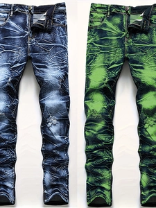 Jeans Déchirés Coupe Slim pour Hommes Délavage à l'Acide Froissé Denim Extensible Pantalon Long Streetwear Style Punk