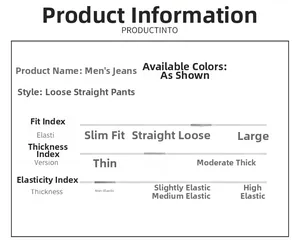 Detailed size and fit chart for men's loose straight leg vintage denim jeans