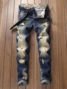 Men Retro Distressed Ripped Denim Jeans Straight Leg Washed Blue Casual Pants Streetwear Style Cotton Cotton Blend Bottoms