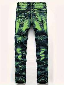 Jean slim pour homme avec délavage acide vert fluo et textures plissées uniques