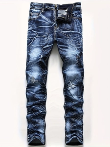 Jean homme slim fit bleu foncé délavé à l'acide avec détails déchirés et moustaches