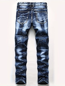 Jean slim pour homme en denim bleu foncé avec effet froissé et moustaches vue de dos