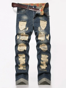 Men Ripped Jeans Distressed Patchwork Denim Long Pants Retro Punk Streetwear Straight Leg Trousers With Belt For Men Blue