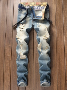 Jean en Denim Déchiré Rétro pour Hommes Bleu Clair Lavé Streetwear Décontracté Pantalon Long Coupe Droite Avec Ceinture Vêtements Homme